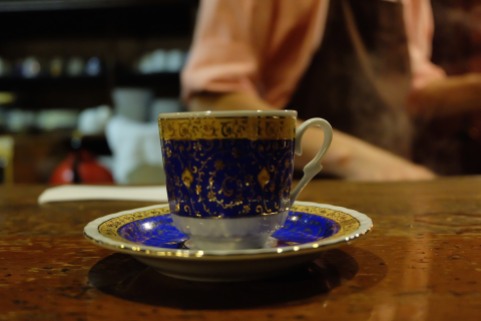 Blue and Gold Coffee Cup and Saucer at Cafe de Lambre Kissaten Cafe in Ginza Tokyo Japan
